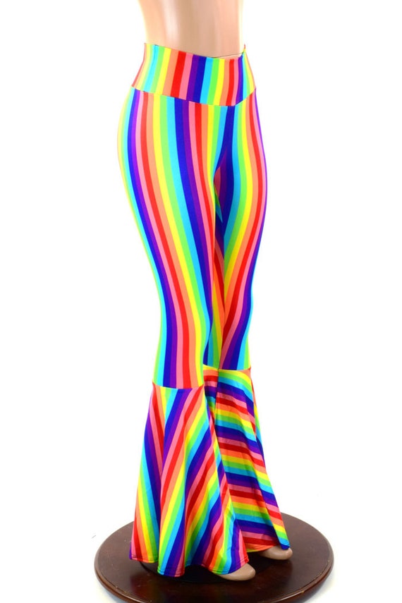 Rainbow Stripe Print Bell Bottom Flares Leggings With High Waist