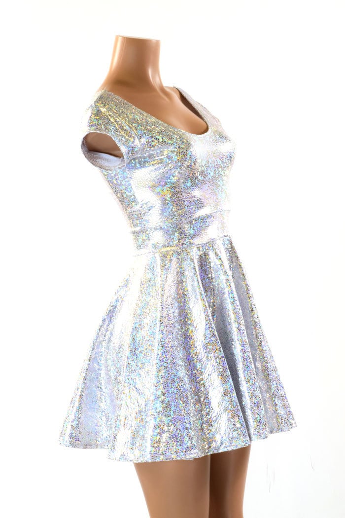 Fit and Flare Skater Dress With Scoop Neckline and Cap Sleeves in Silver on White Shattered Glass - Etsy Fit and Flare Skater Dress With Scoop Neckline and Cap Sleeves in Silver on White Shattered Glass - Etsy