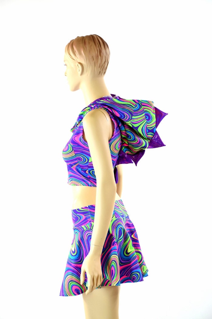 Sleeveless Neon Glow Worm Dragon Spiked Crop Hoodie & Mini