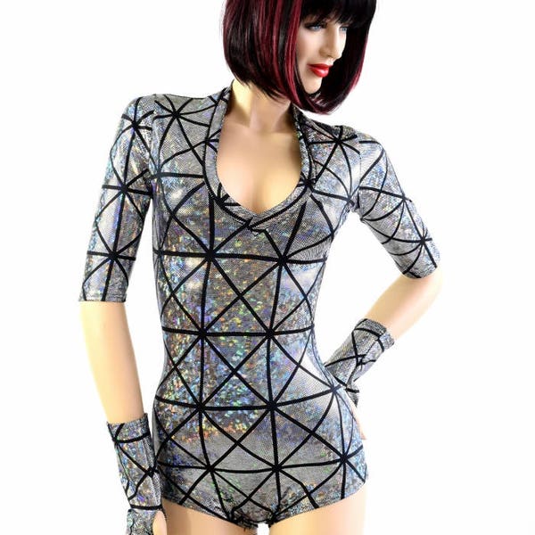 Silver on Black Cracked Tiles Holographic Half Sleeve V Neck Romper w/Fingerless Gloves Rave Festival Sparkly Party Onsie 154543