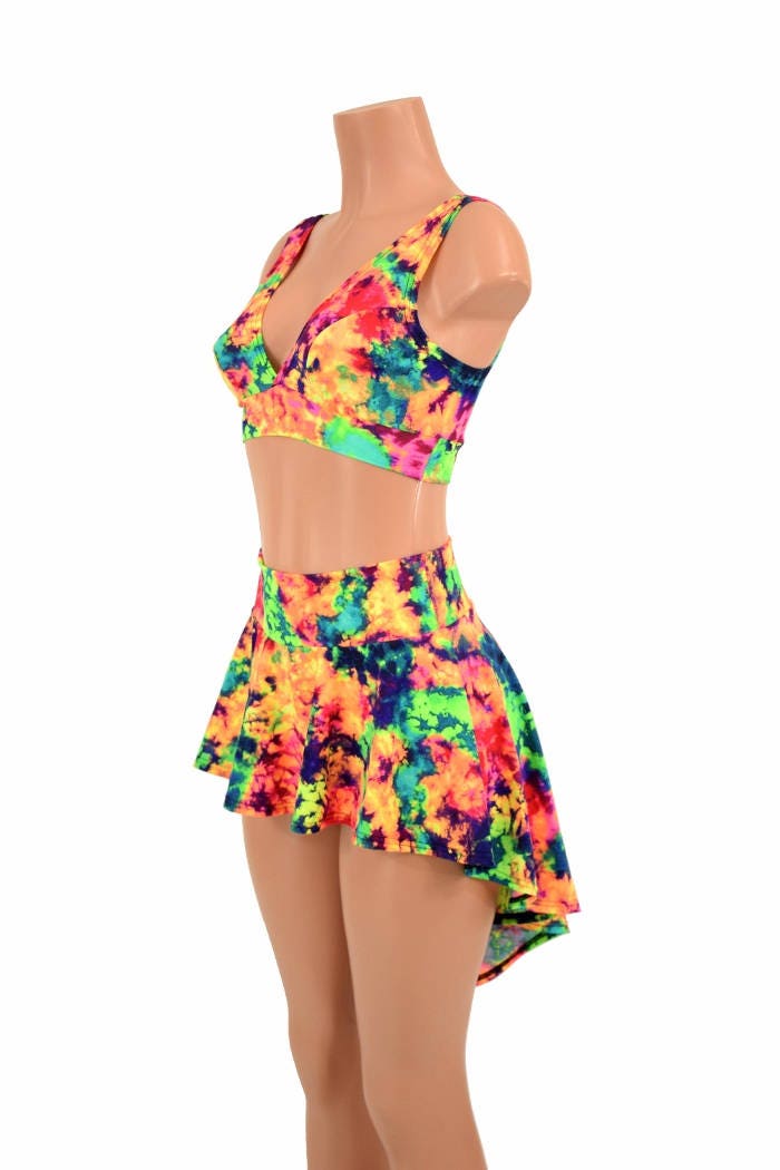 3PC Rave Outfit UV GLOW Acid Splash Starlette Bralette, Hi Lo Skirt & Cheeky Booty Shorts Festival EDM Dance Costume Set - 155131