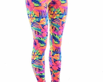 Neon UV Glow Tahitian Floral High Waist Leggings