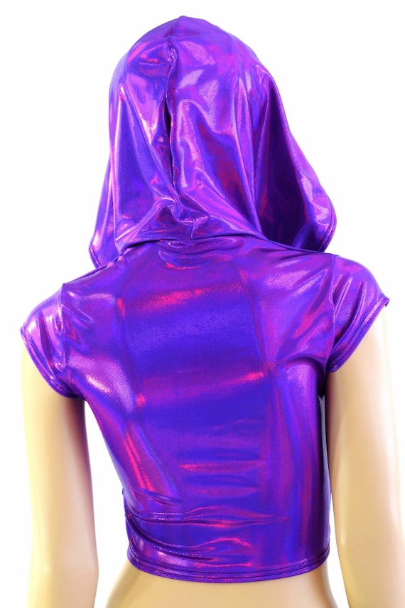 Purple Holographic Cap Sleeve Crop Hoodie Galaxy Hood Liner Rave