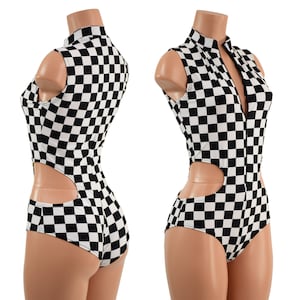 Black and White Checkered Sleeveless Zipper Front Stella Hipnotic Romper with Siren Cut Leg- 15810107
