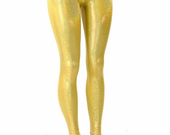 Gold Sparkly Jewel Holographic Mid Rise Leggings