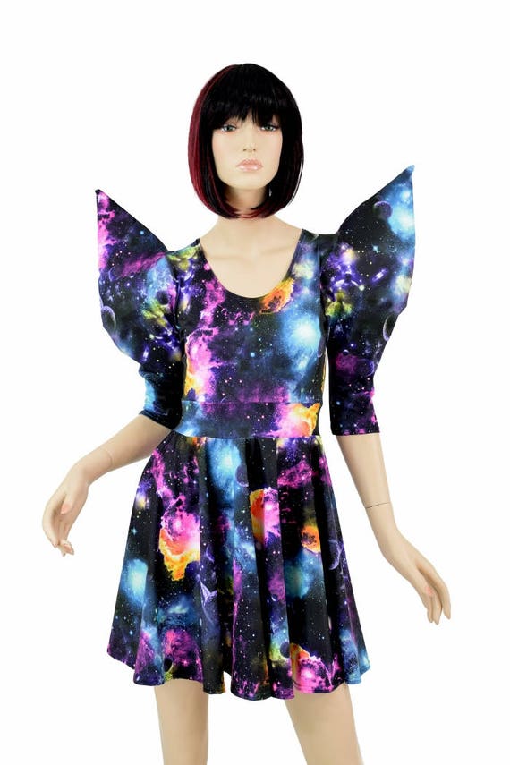 Mega Huge Sharp Shoulder Galaxy Skater Dress Darted Pointy Sleeve