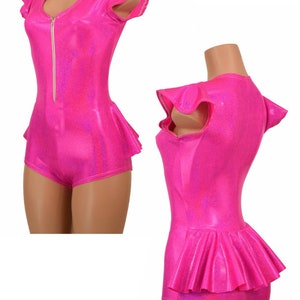 Neon Pink Zipper Front Ruffle Rump Romper with Scoop Neck, Flip Sleeves, and Boy Cut Leg  - 155802