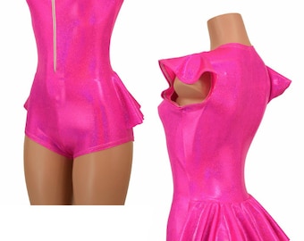 Neon Pink Zipper Front Ruffle Rump Romper with Scoop Neck, Unlined Flip Sleeves, and Boy Cut Leg