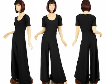 Tee Length Sleeve Wide Leg Jumpsuit in Black Zen Soft Knit with Scoop Neck High Back Loungewear Leisure Suit Bodysuit Playsuit - 155617