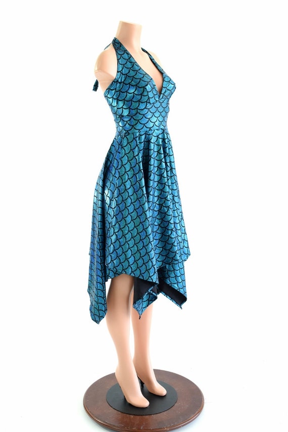 Turquoise Dragon Scale Handkerchief Hemline Halter Dress Mermaid Dress