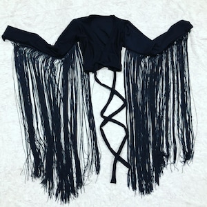 Black Zen Wrap and Tie Crop Top with 30&quot; Long Black Fringe- 156898