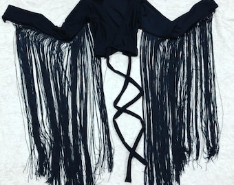 Black Zen Wrap and Tie Crop Top with 30" Long Black Fringe- 156898