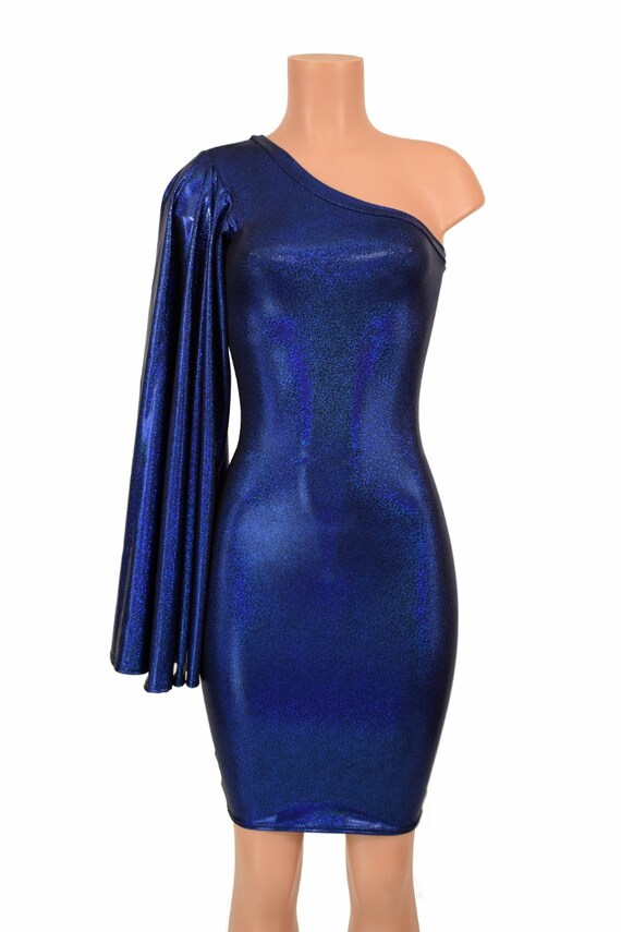 knee length dresses for ladies Teri Jon Metallic Jacquard One Shoulder Gown - Light Blue Silver main image 1