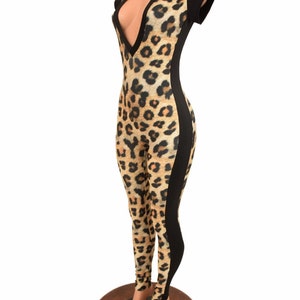 Leopard Print Catsuit With Black Mystique Cap Sleeves Deep - Etsy