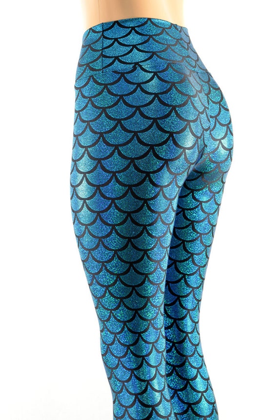 Green on Blue Holographic Small Scale Mermaid Leggings, Pocket Leggings,  Leggings With Pockets 