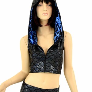 2PC Black Dragon Zipper Front Sleeveless Crop Hoodie / Blue Lightning Hood Liner & Spikes / Matching Dragon Tail Skirt 155010 image 10