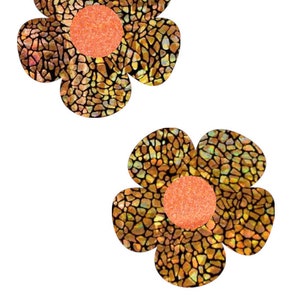 Gold on Black Shattered Glass Daisy Pasties with Orange Sparkly Jewel Disks