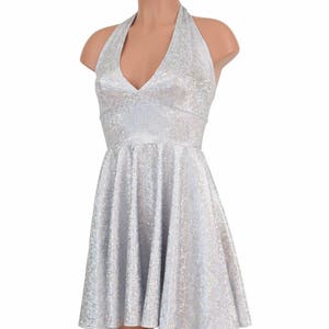 Silver on White Shattered Glass Monroe Halter Tie Back Skater Dress  154815