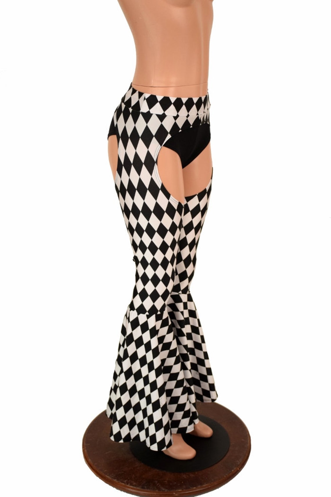 Mid Rise Bell Bottom Flare Chaps in Black & White Diamond Print UV GLOW ...