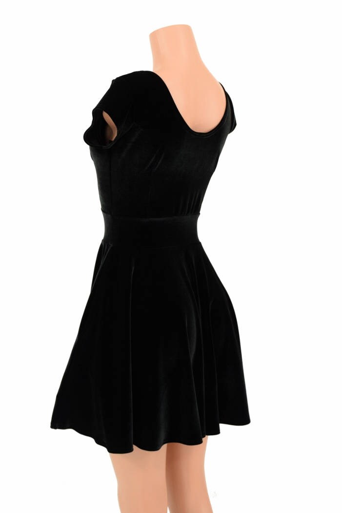 Black Stretch Velvet Cap Sleeve Skater Dress Fit Flare 154943 Etsy UK