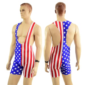 May include: A red, white, and blue wrestling singlet with a stars and stripes pattern. The singlet has a scoop neck and a racerback design.