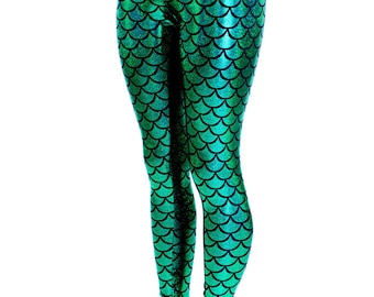 Mermaid High Waist Leggings in Green Dragon Scale -E8164
