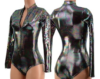 Oil Slick Stella Romper with Long Sleeves and Siren Cut Leg