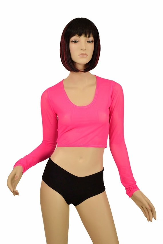 Long Sleeve SHEER Neon Pink Stretch Mesh Scoop Neck Crop Top Rave