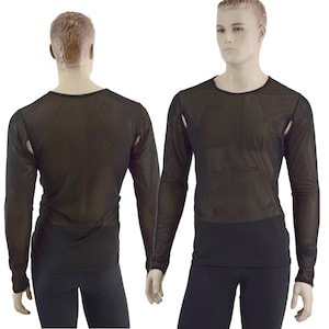 Mens Long Sleeve Black Mesh Shirt with Underarm Cutouts 15810425