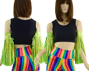 Fringed Arm Bands in Neon Lime Holographic Wrestler and Roller Derby Gear