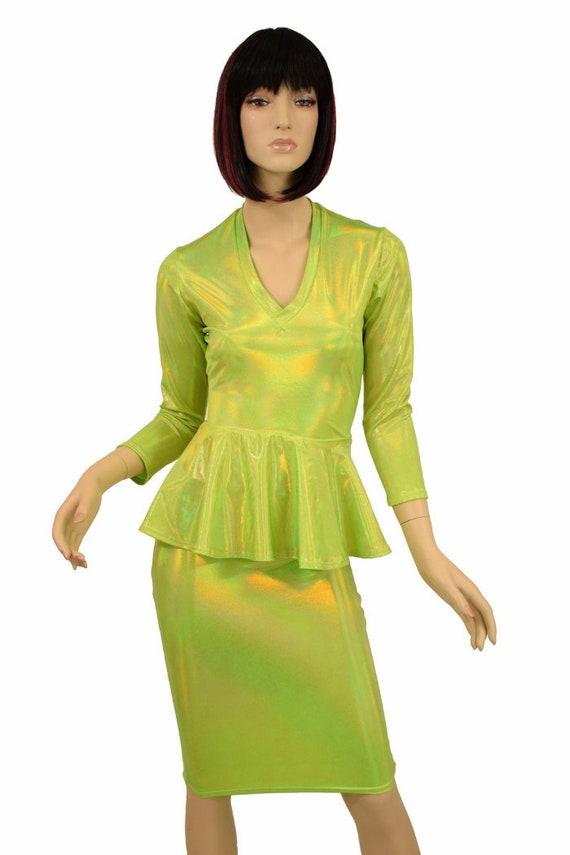 Lime Peplum Skirt Set - Coquetry Clothing 2XL / Lime Green Holographic