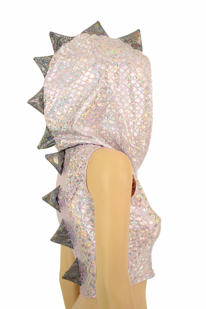 Pink and Silver Scale Zipper Front Sleeveless Crop Hoodie with Silver Holographic Spikes & Hood Liner