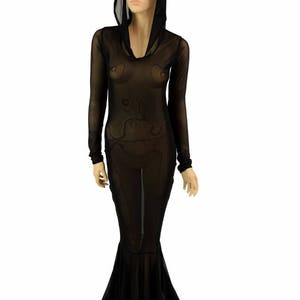 Glamorous, Bombshell Sheer Mesh See Through Hooded Gothic Gown  with Long Sleeves and Puddle Train - 150893