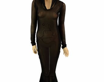 Glamorous, Bombshell Sheer Mesh See Through Hooded Gothic Gown  with Long Sleeves and Puddle Train - 150893