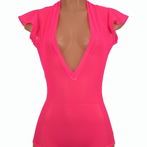 Neon Pink Mesh UV GLOW Plunging V Neck Romper with Flip Sleeves and Boy Cut - 156736