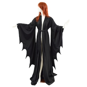 Open Front Succubus Sleeve Robe with Sash Belt in Smooth Black Spandex 1580962