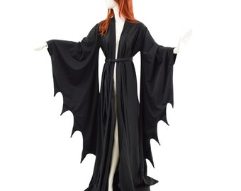 Open Front Succubus Sleeve Robe with Sash Belt in Smooth Black Spandex 1580962