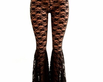 Black Lace Sheer See Through High Waist Bell Bottom Flared Pants 154451