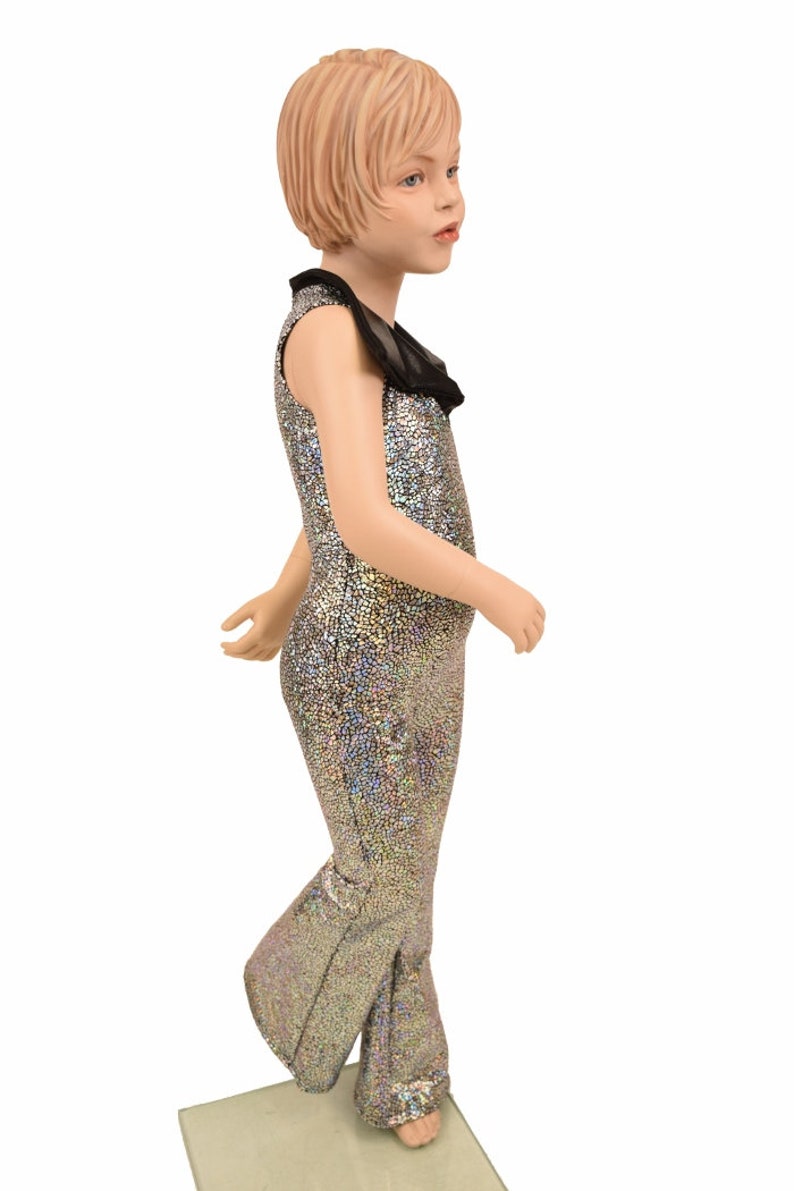 Kids Bootcut Catsuit with Back Zipper and Disco Collar Silver on Black Shattered Glass with Black Mystique Collar 156799