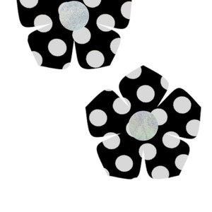 Black and White Polka Dot Buttercup Pasties with Flashbulb Holographic Disks Body Stickers Flower Rave Festival