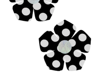 Black and White Polka Dot Buttercup Pasties with Flashbulb Holographic Disks Body Stickers Flower Rave Festival