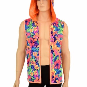 Mens Open Front Hooded Reversible Vest in Orange Sparkly Jewel & Neon UV Tahitian Floral - 155376