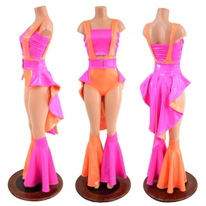 5PC Neon Pink and Orange Sparkly Jewel Tube Top, Suspender Romper, Tux Back Belt, and Leg Bell Flares Set 158063