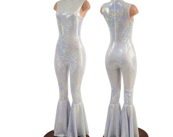 White Kaleidoscope Sleeveless Bell Bottom Catsuit with Turtleneck and Back Zipper