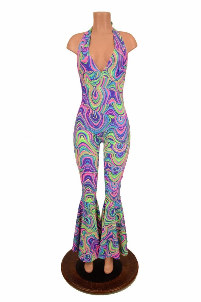 156391 Glow Worm Monroe Halter Catsuit with Bell Bottom Flares
