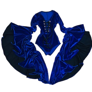 Sapphire Velvet Siren cut Romper with Black Mesh lined Sorceress Sleeves & Lace Up at Neck with Smooth and Sleek Black Spandex ties 15810170