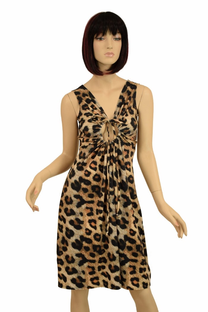 Leopard Print Spandex A-line Drawstring Keyhole Dress