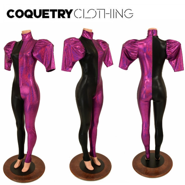 Turtleneck "Victoria" Puffed Fuchsia Sj Half Sleeve Split Back Zipper Catsuit // & Black Mystique Garnet