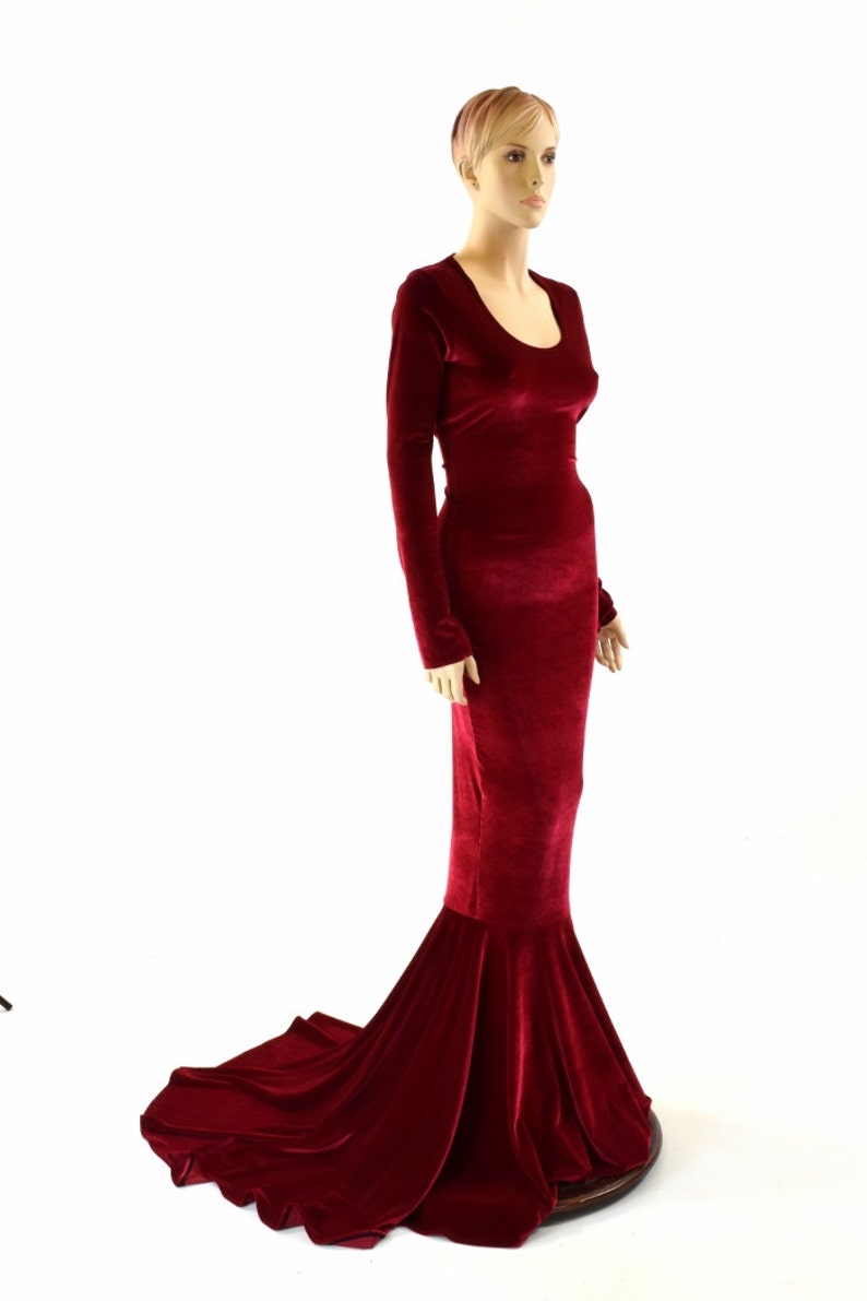 Red Velvet Gown with Scoop Neckline, Long Sleeves and Puddle Train 151547 image 4