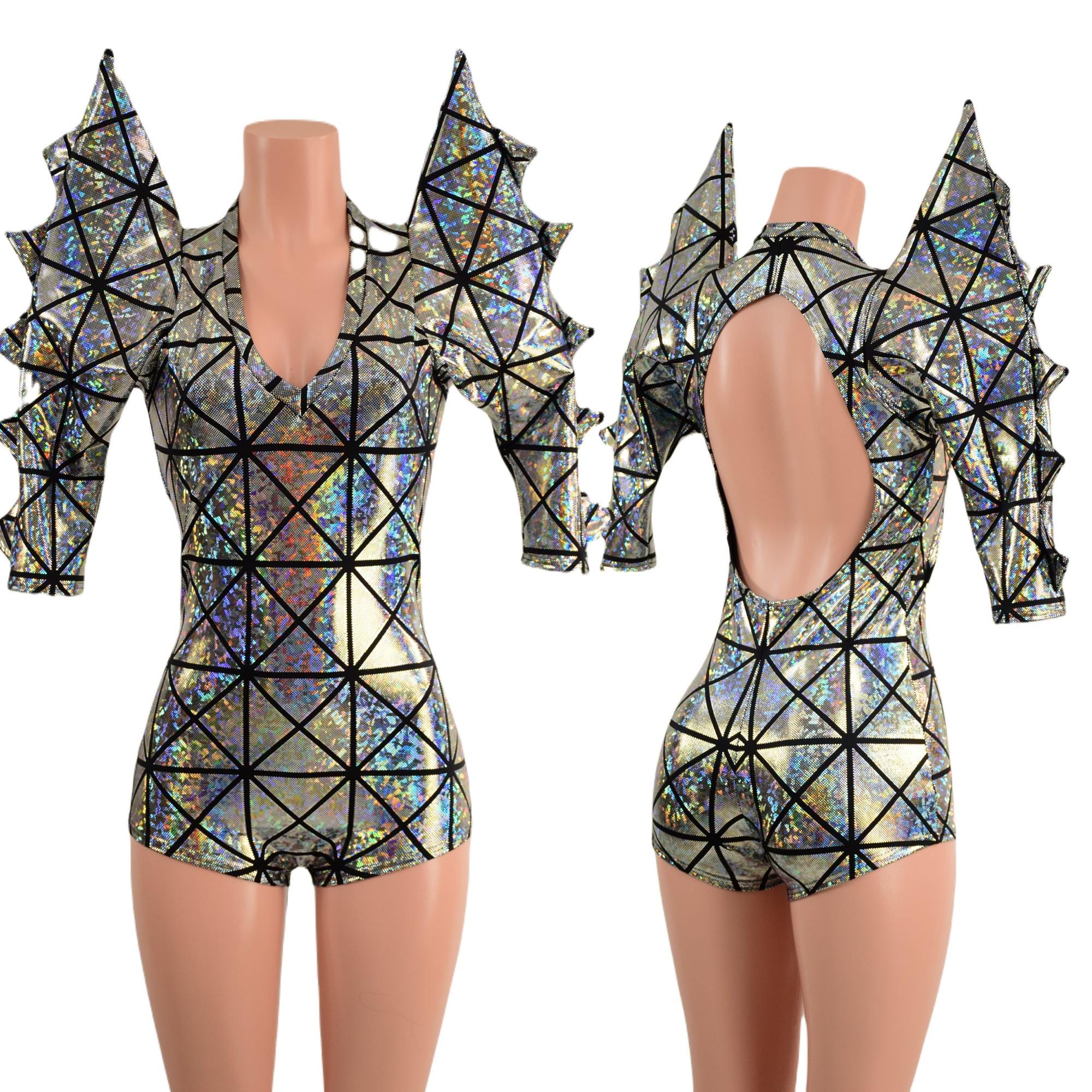 Disco Romper in Silver/Black Cracked Tiles, V neck, open back style, Mega Sharp Shoulder half Sleeves w Spikes on Sleeves, Boy Cut Leg